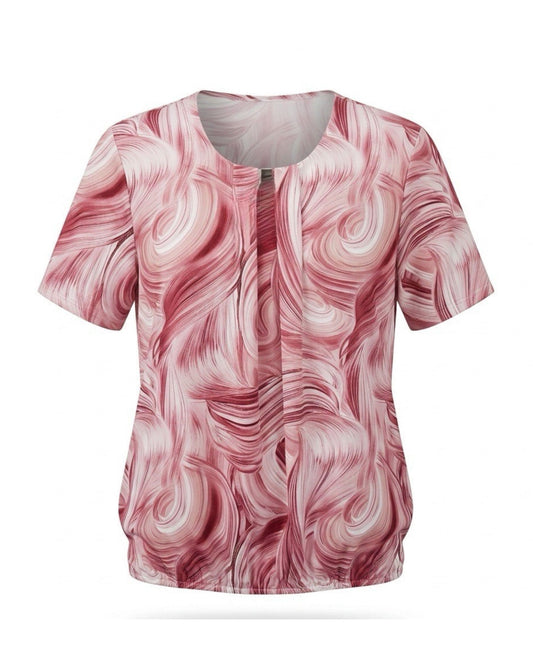 Dames blousonshirt met ronde hals en subtiele siergesp verkrijgbaar bij Marijke Mode.