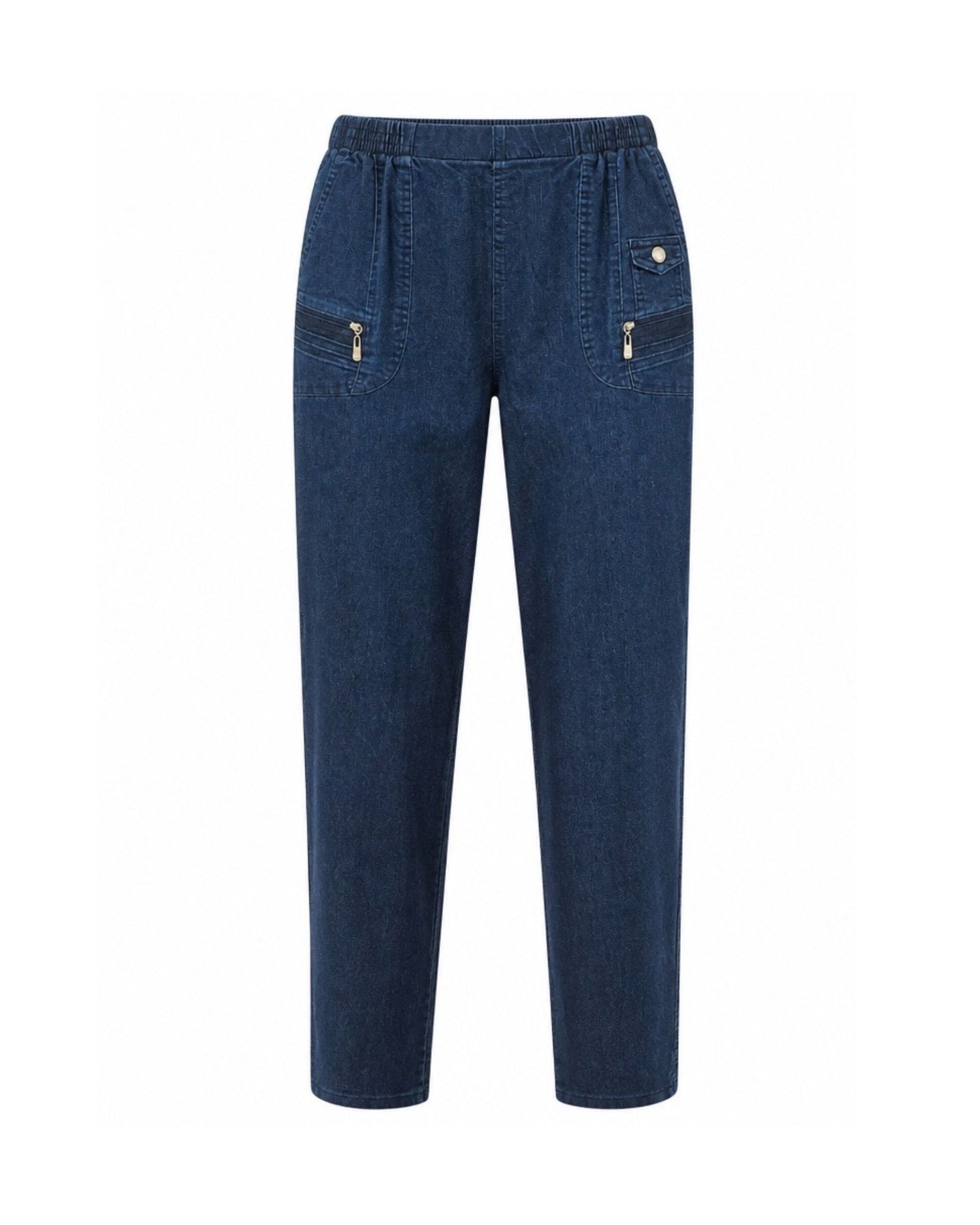 Comfortabele jeans met elastische band en echte ritszakjes verkrijgbaar bij Marijke Mode.