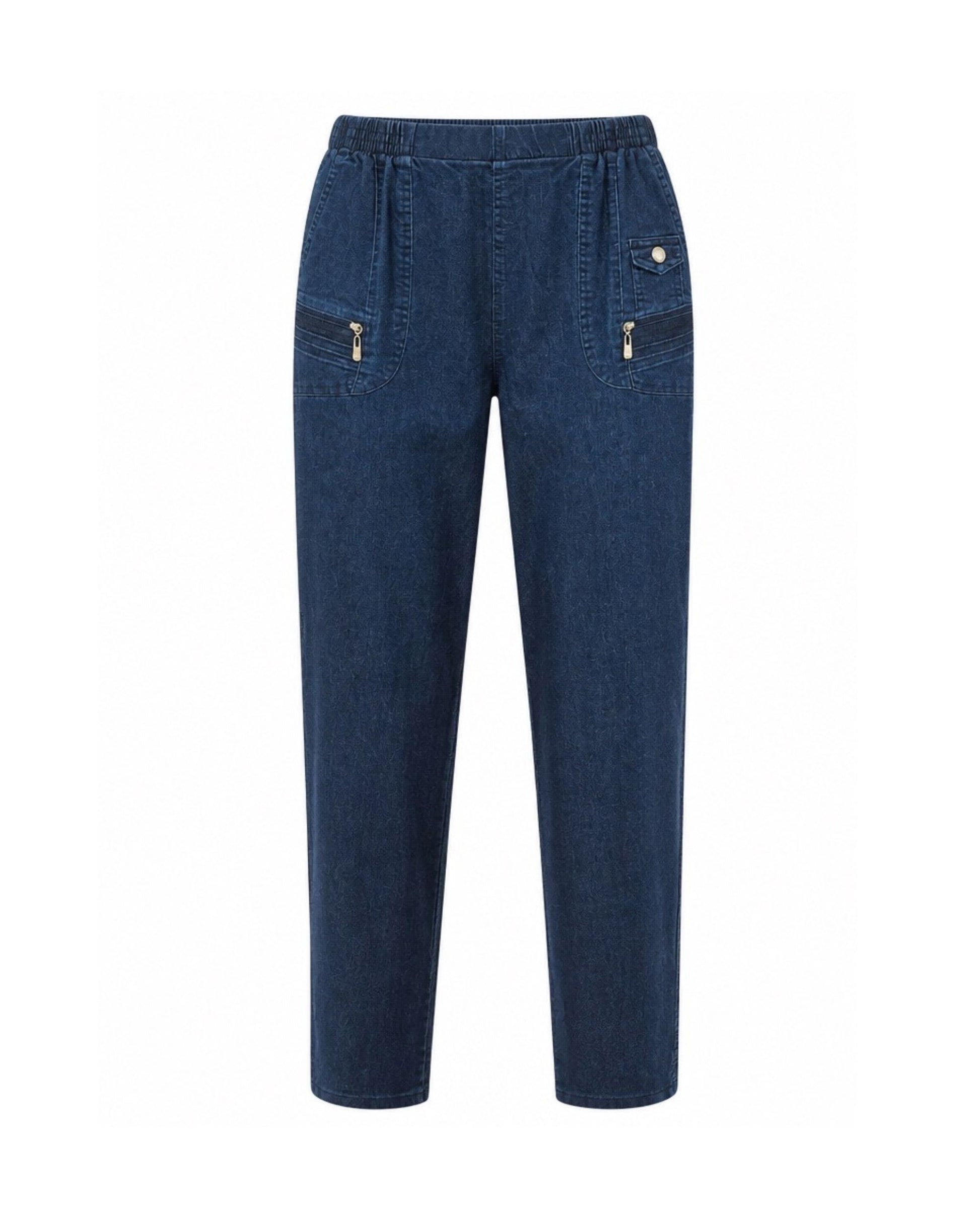 Comfortabele jeans met elastische band en echte ritszakjes verkrijgbaar bij Marijke Mode.