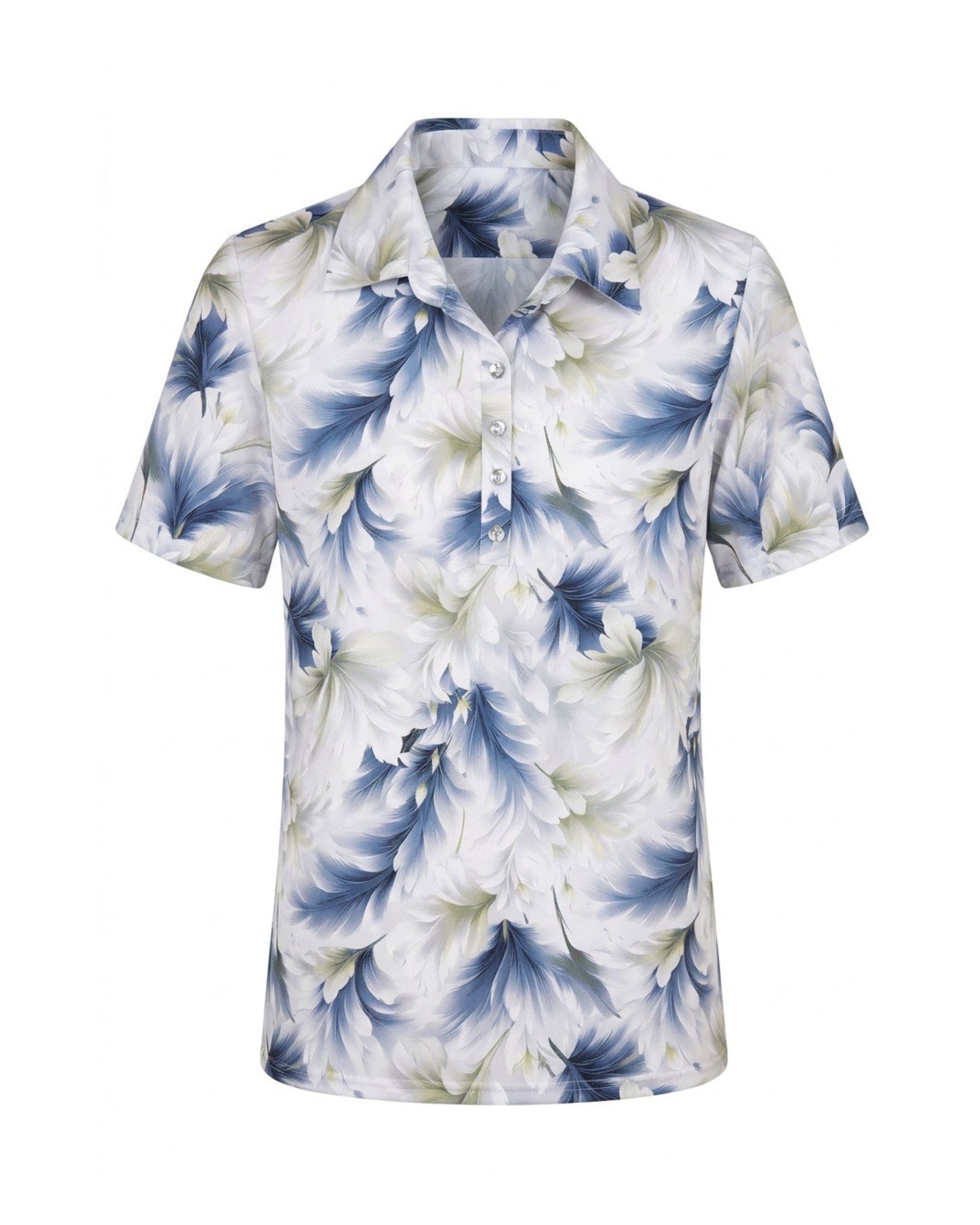 Dames poloshirt van viscose met kraag, knoopsluiting en splitjes, verkrijgbaar bij Marijke Mode.