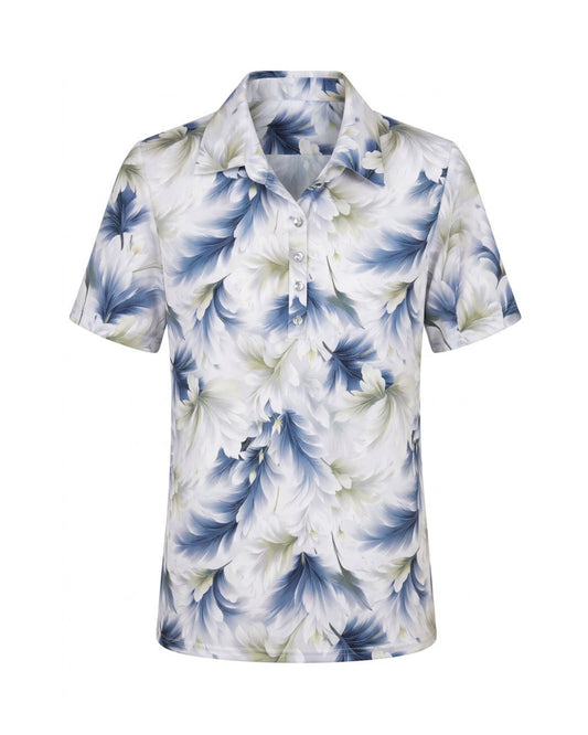 Dames poloshirt van viscose met kraag, knoopsluiting en splitjes, verkrijgbaar bij Marijke Mode.