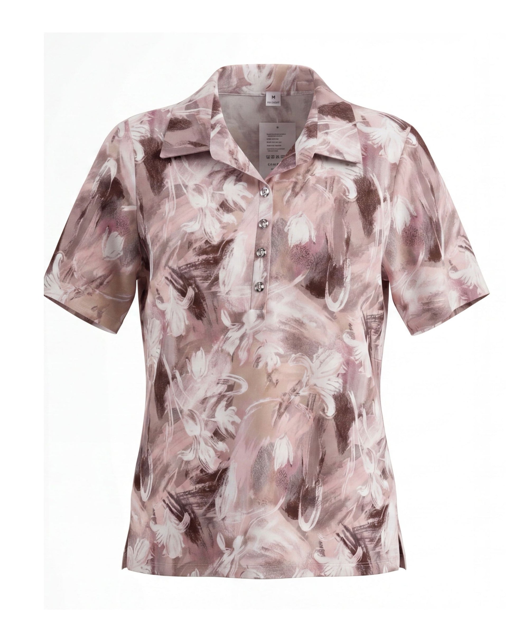Dames poloshirt van viscose met kraag, knoopsluiting en splitjes, verkrijgbaar bij Marijke Mode.