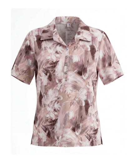 Dames poloshirt van viscose met kraag, knoopsluiting en splitjes, verkrijgbaar bij Marijke Mode.