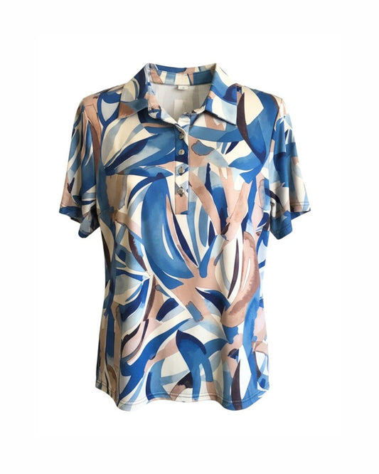 Polo met kraag en zilveren knopen in voorjaarskleuren – verkocht door Marijke Mode