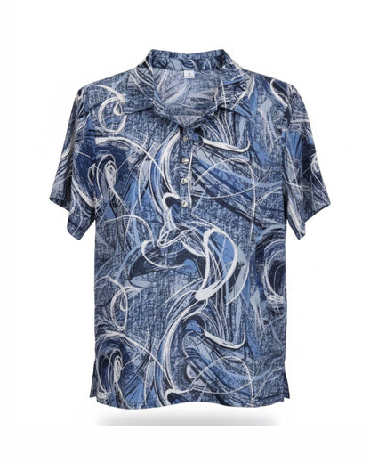 Polo met kraag en zilveren knopen in voorjaarskleuren – verkocht door Marijke Mode