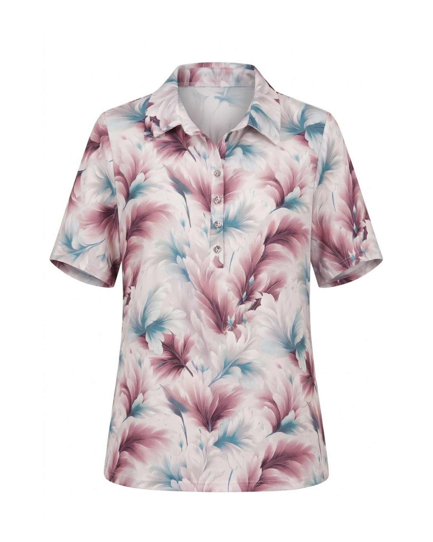 Dames poloshirt van viscose met kraag, knoopsluiting en splitjes, verkrijgbaar bij Marijke Mode.