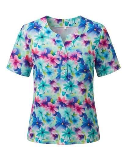 Dames Shirt Bloemen Zilveren Knoopjes Borstzakje Groen Fuchsia