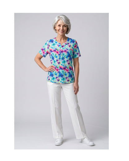 Dames Shirt Bloemen Zilveren Knoopjes Borstzakje Groen Fuchsia