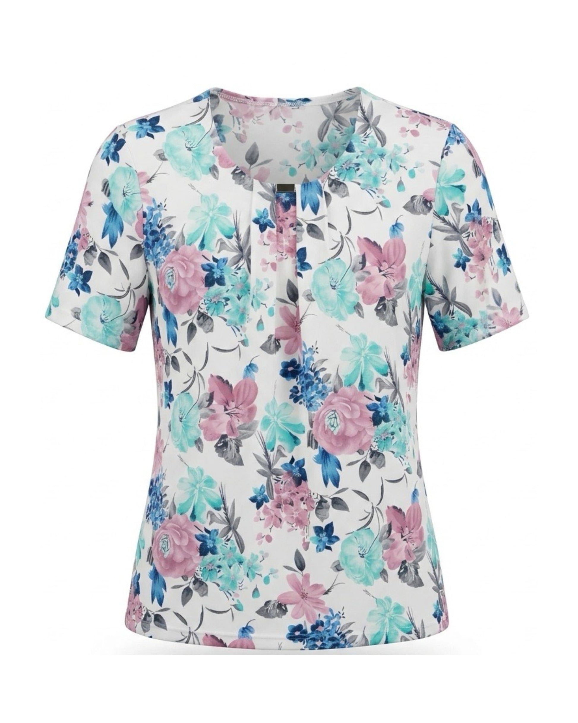 Dames T-shirt met bloemenprint en siergesp verkrijgbaar bij Marijke Mode.