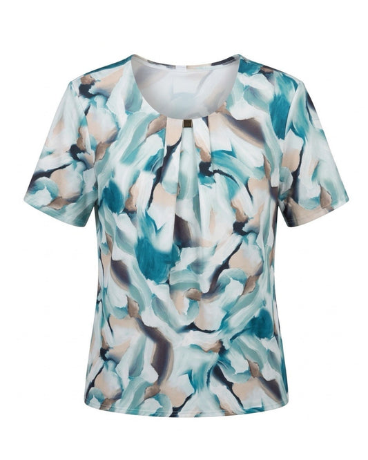 Dames T-shirt met bloemenprint en siergesp verkrijgbaar bij Marijke Mode.