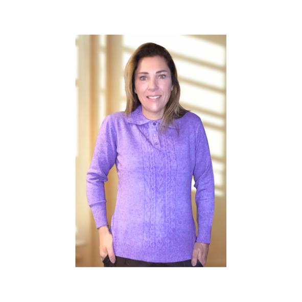 warme dames trui met kraag en stretch en knopen . kabel trui bij marijke mode