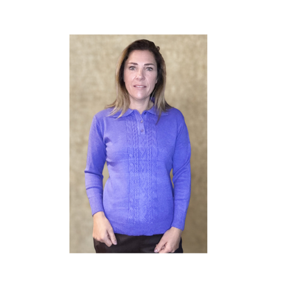 warme dames trui met kraag en stretch en knopen . kabel trui bij marijke mode