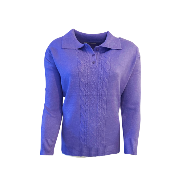 warme dames trui met kraag en stretch en knopen . kabel trui bij marijke mode