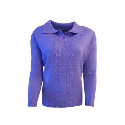 warme dames trui met kraag en stretch en knopen . kabel trui bij marijke mode