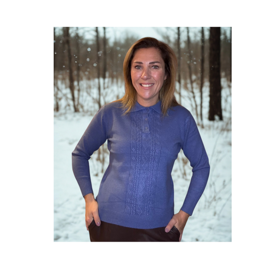 Dames Trui met Polokraag Raffblauwtrui met kraag en kabel zacht comfortabel bij marijke mode. mode voor senioren.