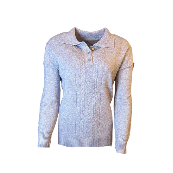 warme dames trui met kraag en stretch en knopen . kabel trui bij marijke mode