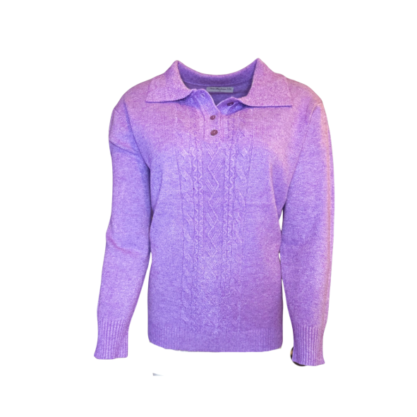 warme dames trui met kraag en stretch en knopen . kabel trui bij marijke mode