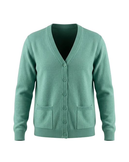 Damesvest met V-hals, knopen en zakjes in pastelkleuren, verkrijgbaar bij Marijke Mode.