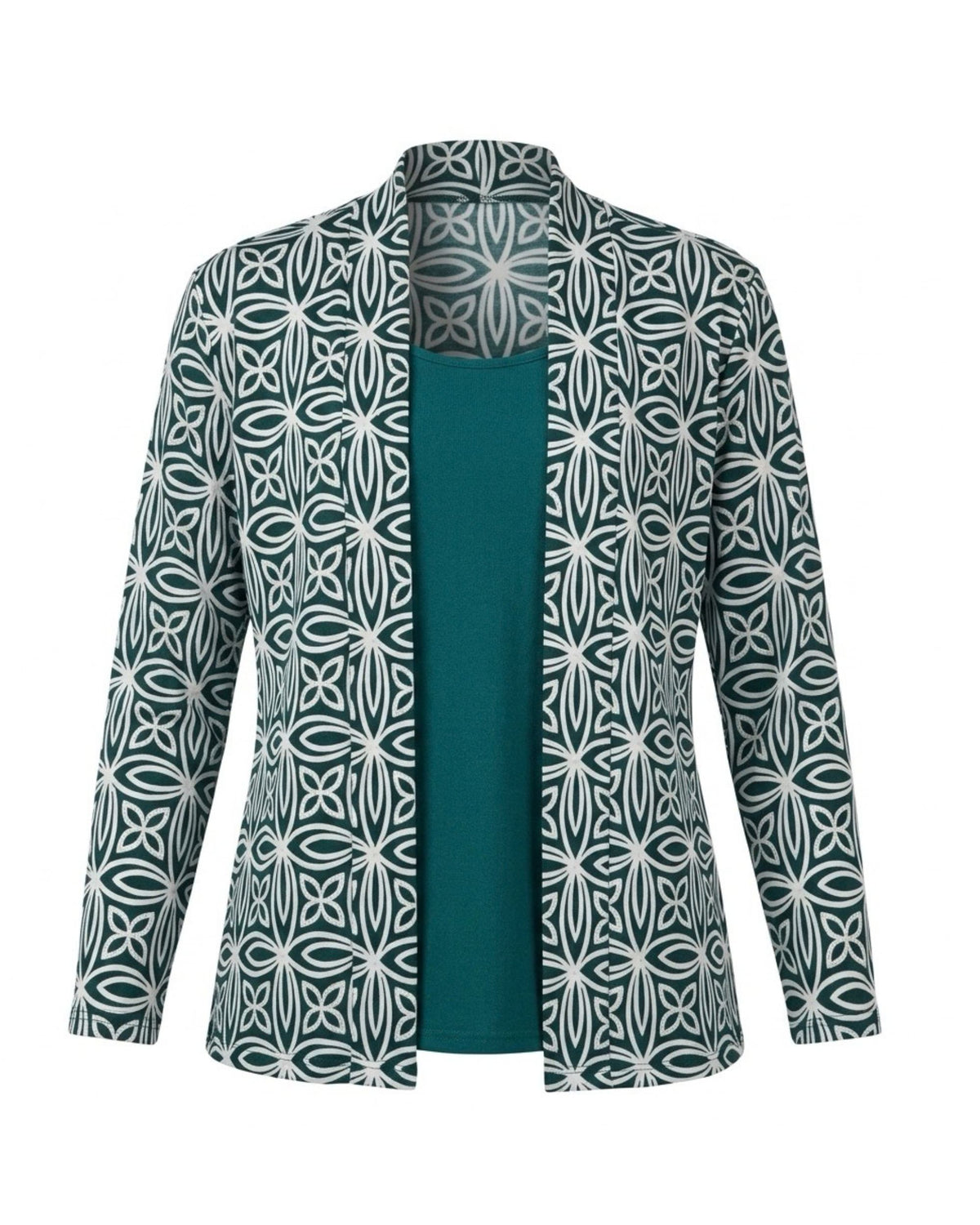Forever 2-in-1 twinset in travelkwaliteit met bewerkt vestjasje, effen inzet en sjaalkraag, verkrijgbaar bij Marijke Mode.