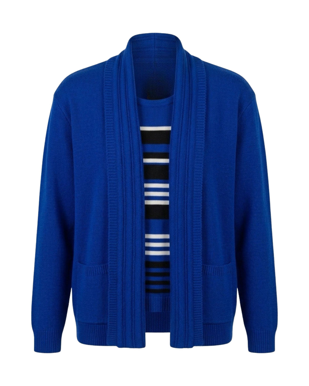 Warme Forever 2-in-1 twinset trui met sjaalkraag, gestreepte inzet en twee zakken, verkrijgbaar bij Marijke Mode.