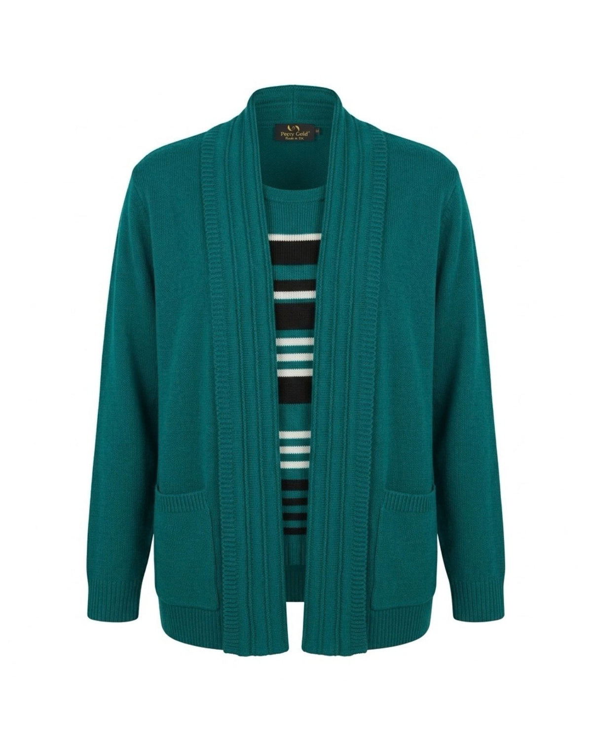 Warme Forever 2-in-1 twinset trui met sjaalkraag, gestreepte inzet en twee zakken, verkrijgbaar bij Marijke Mode.