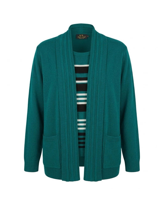Warme Forever 2-in-1 twinset trui met sjaalkraag, gestreepte inzet en twee zakken, verkrijgbaar bij Marijke Mode.