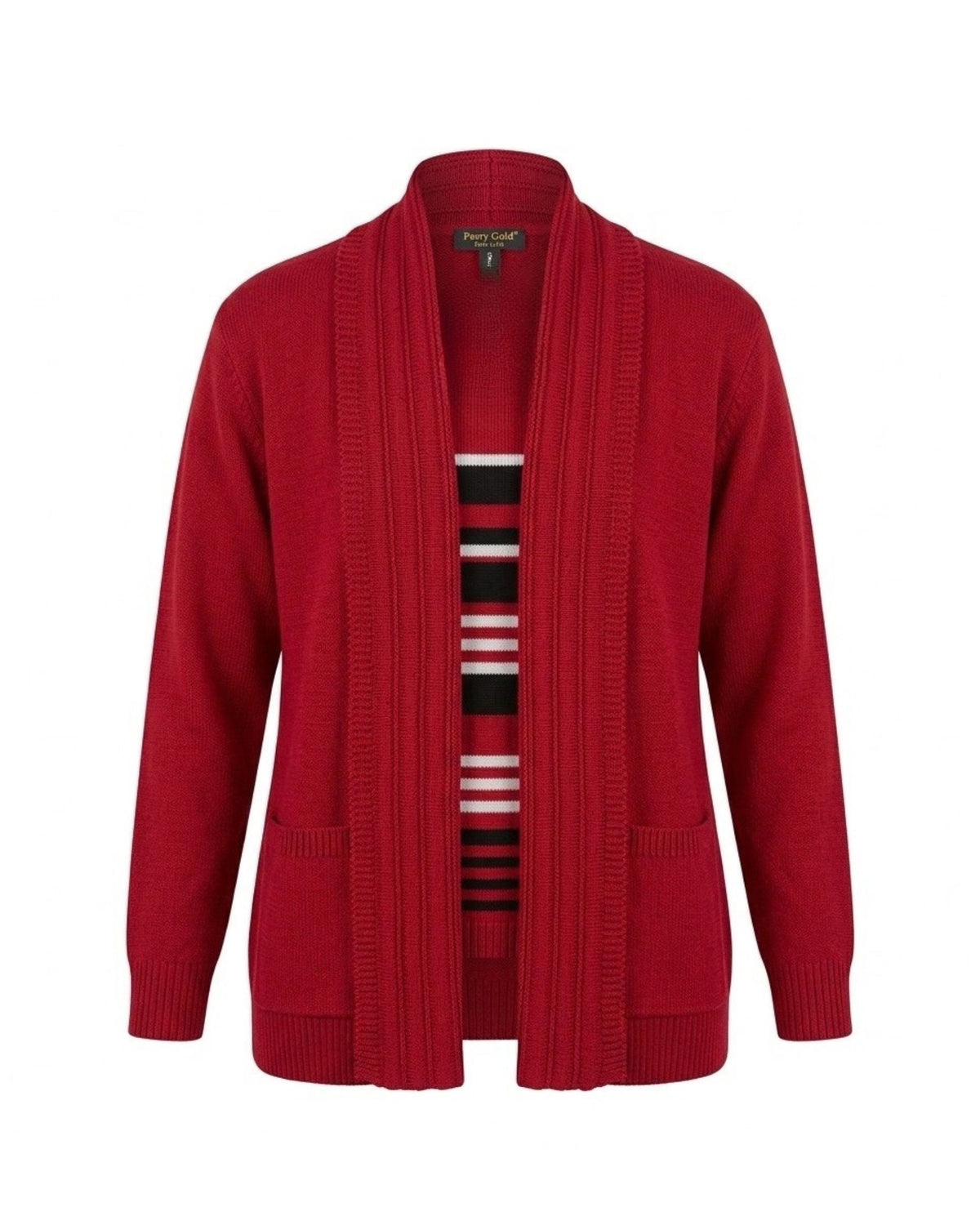Warme Forever 2-in-1 twinset trui met sjaalkraag, gestreepte inzet en twee zakken, verkrijgbaar bij Marijke Mode.