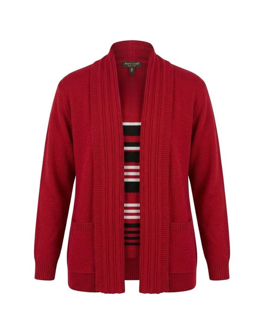 Warme Forever 2-in-1 twinset trui met sjaalkraag, gestreepte inzet en twee zakken, verkrijgbaar bij Marijke Mode.