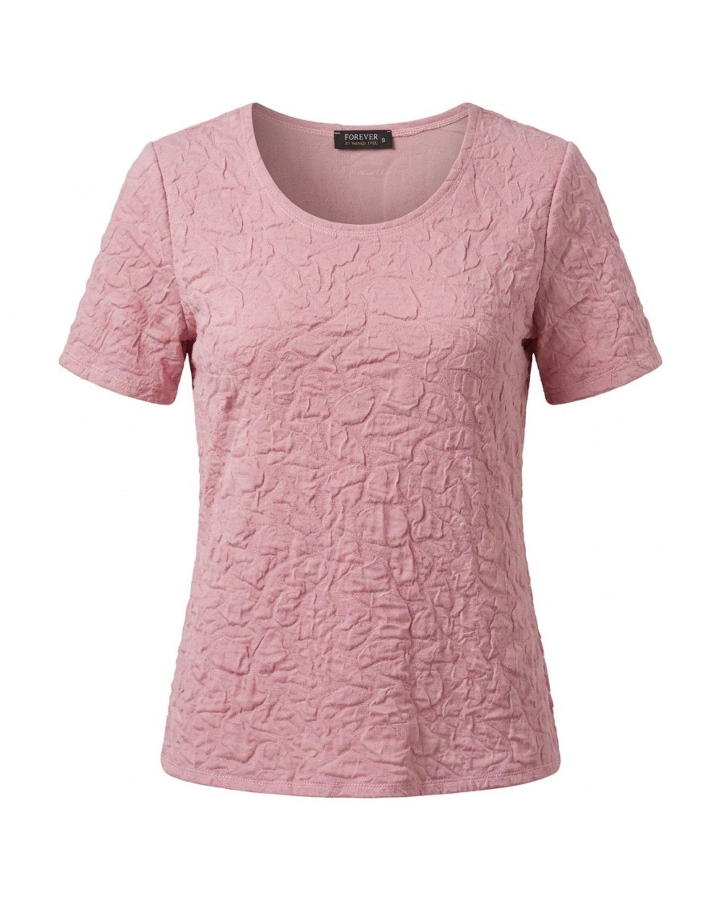 Forever Merk Shirt in oudroze bubble stof met korte mouwen verkrijgbaar bij Marijke Mode.