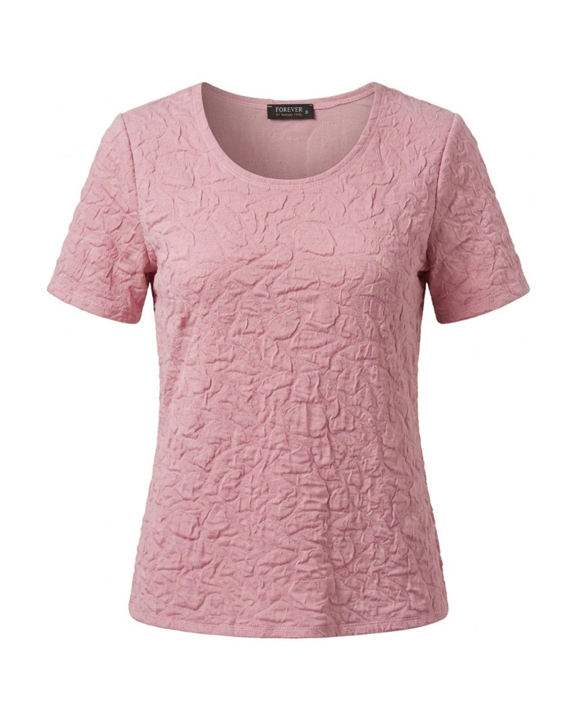 Forever Merk Shirt in oudroze bubble stof met korte mouwen verkrijgbaar bij Marijke Mode.