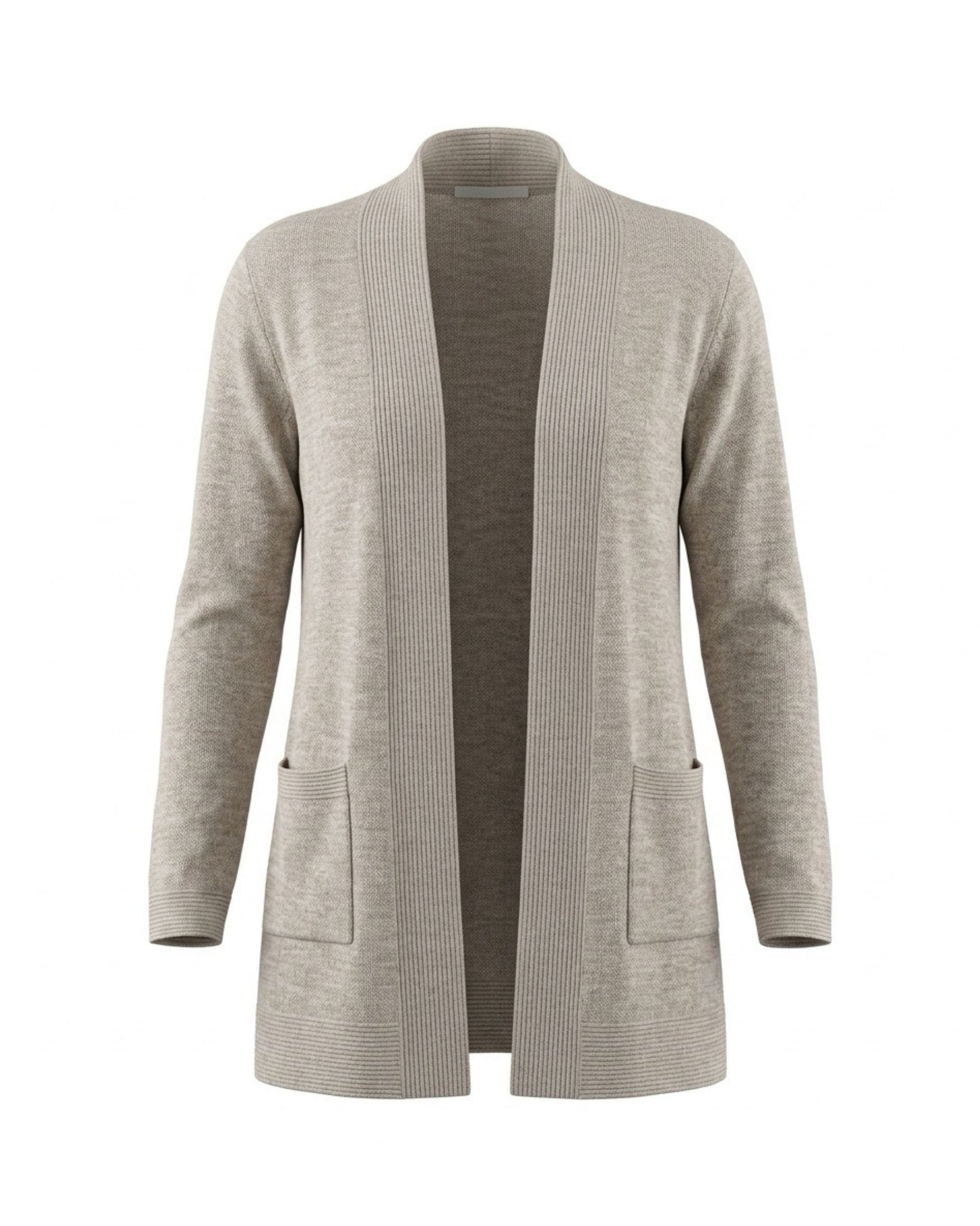Langvallend Forever-vest met sjaalkraag en steekzakken, verkrijgbaar bij Marijke Mode