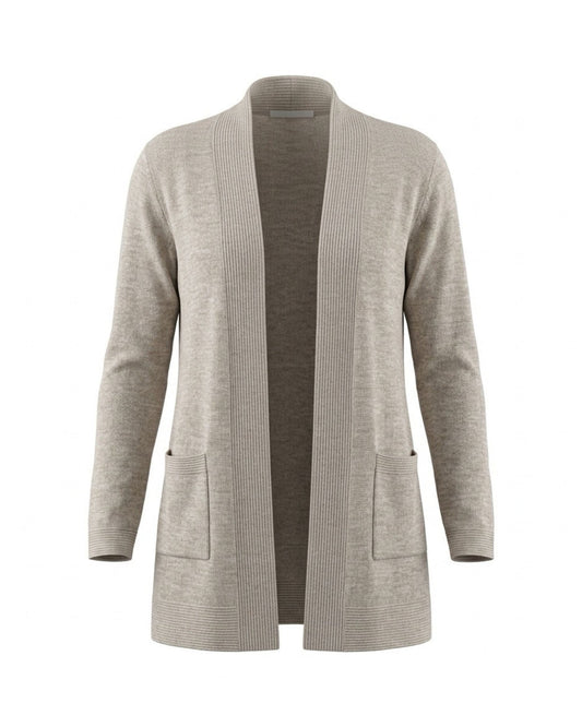 Langvallend Forever-vest met sjaalkraag en steekzakken, verkrijgbaar bij Marijke Mode