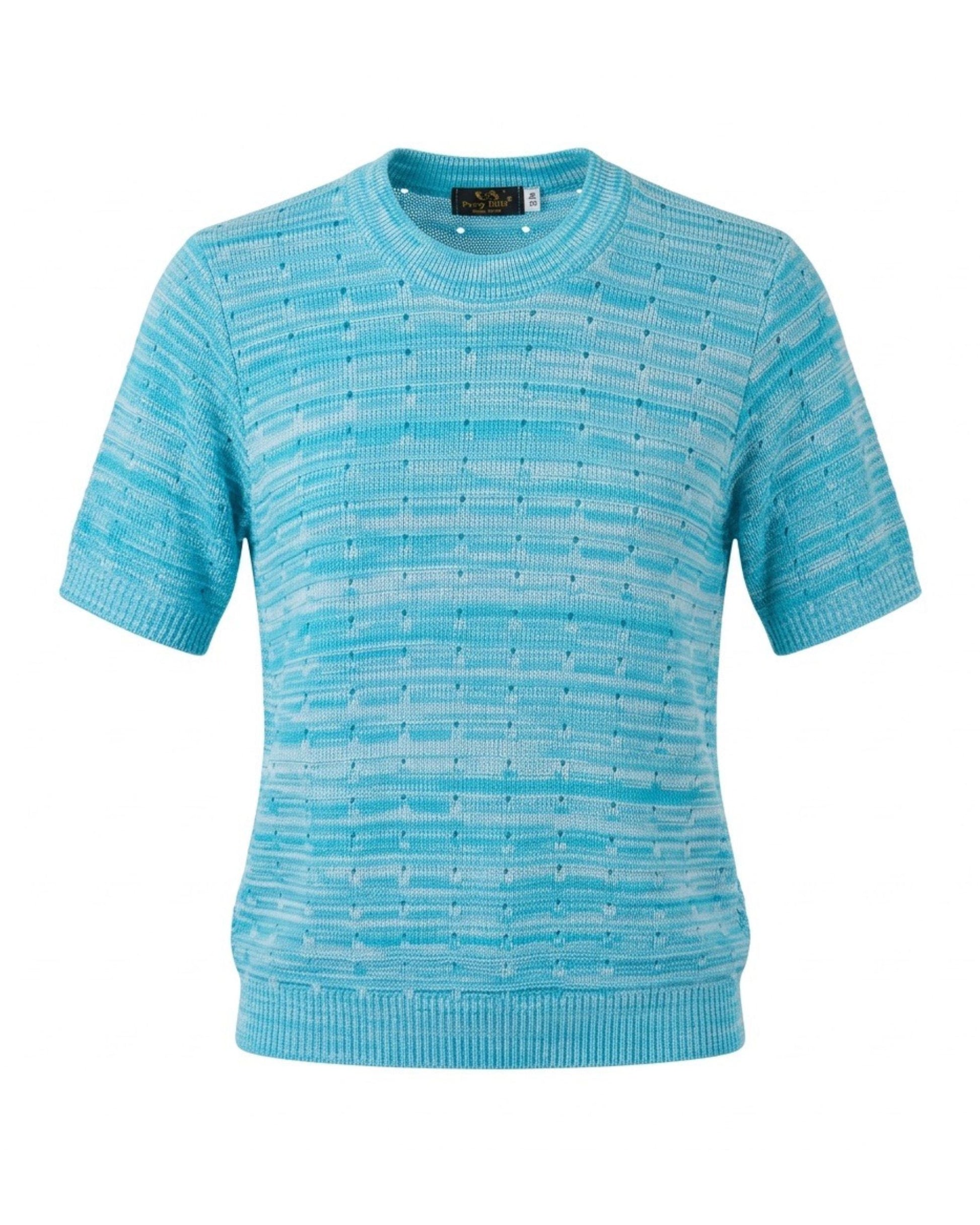 Gebreid lichtblauw truitje met korte mouwen en ronde hals. Comfortabel en stijlvol voor iedere dag. Nu verkrijgbaar bij Marijke Mode.