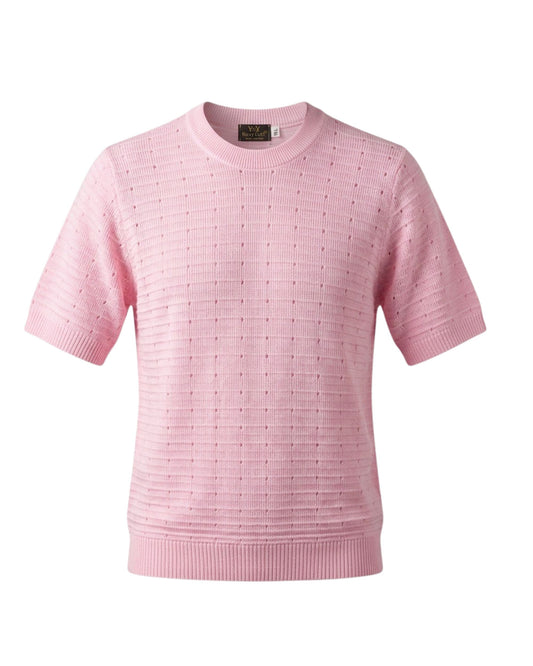 Gebreid Roze  truitje met korte mouwen en ronde hals. Comfortabel en stijlvol voor iedere dag. Nu verkrijgbaar bij Marijke Mode.