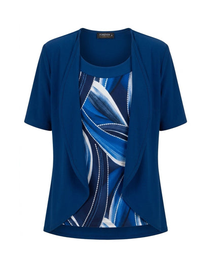 : Forever two-in-one twinset in kobaltblauw met dessin en travel kwaliteit verkocht door Marijke Mode