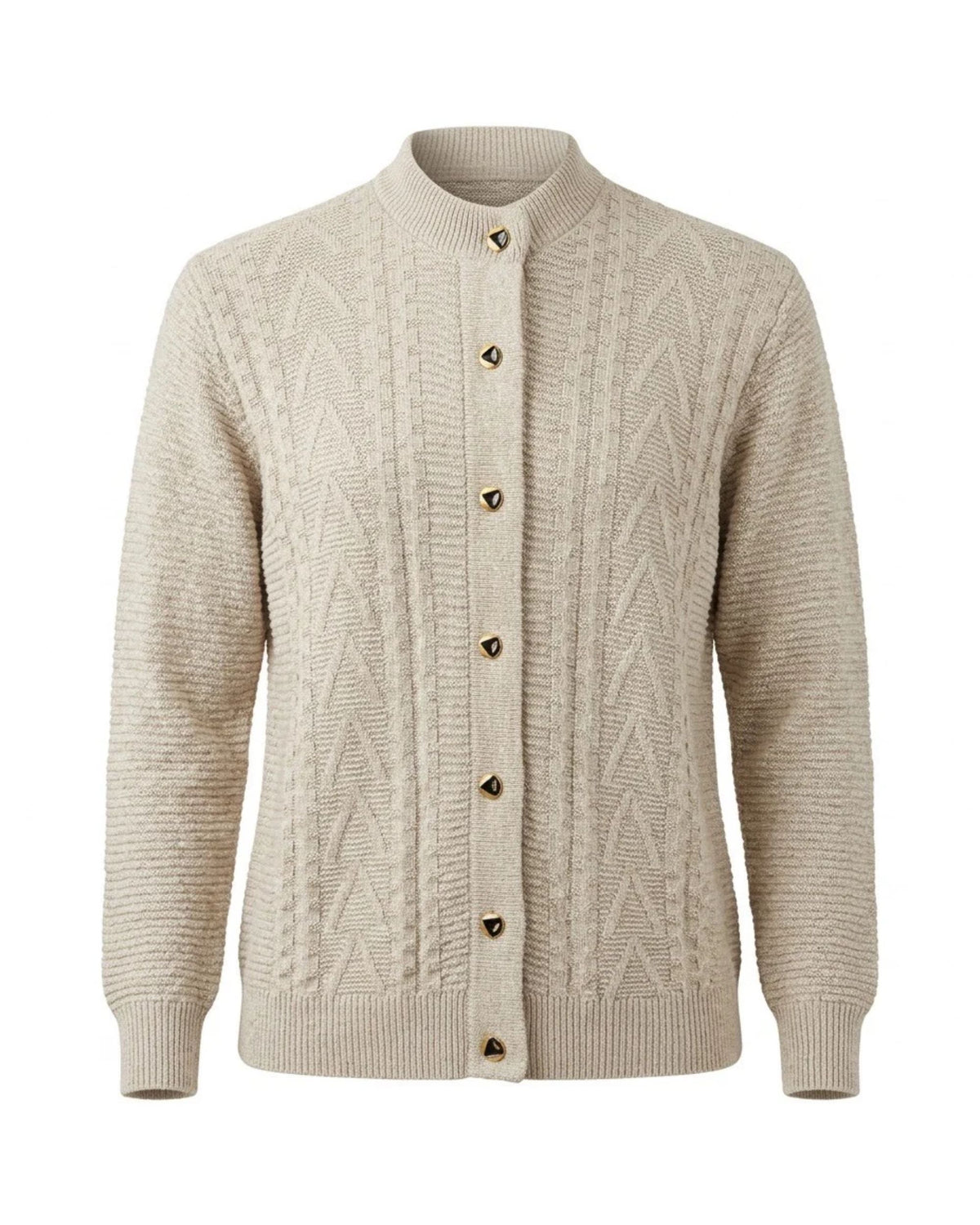 Forever damesvest met kabelpatroon, goudkleurige knopen en ronde hals met opstaand boordje.