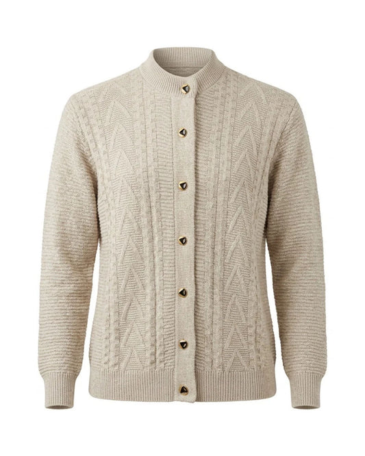 Forever damesvest met kabelpatroon, goudkleurige knopen en ronde hals met opstaand boordje.