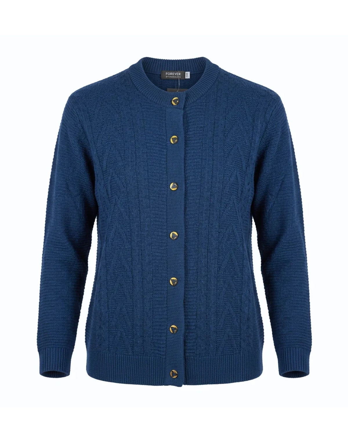Forever damesvest met kabelpatroon, goudkleurige knopen en ronde hals met opstaand boordje.