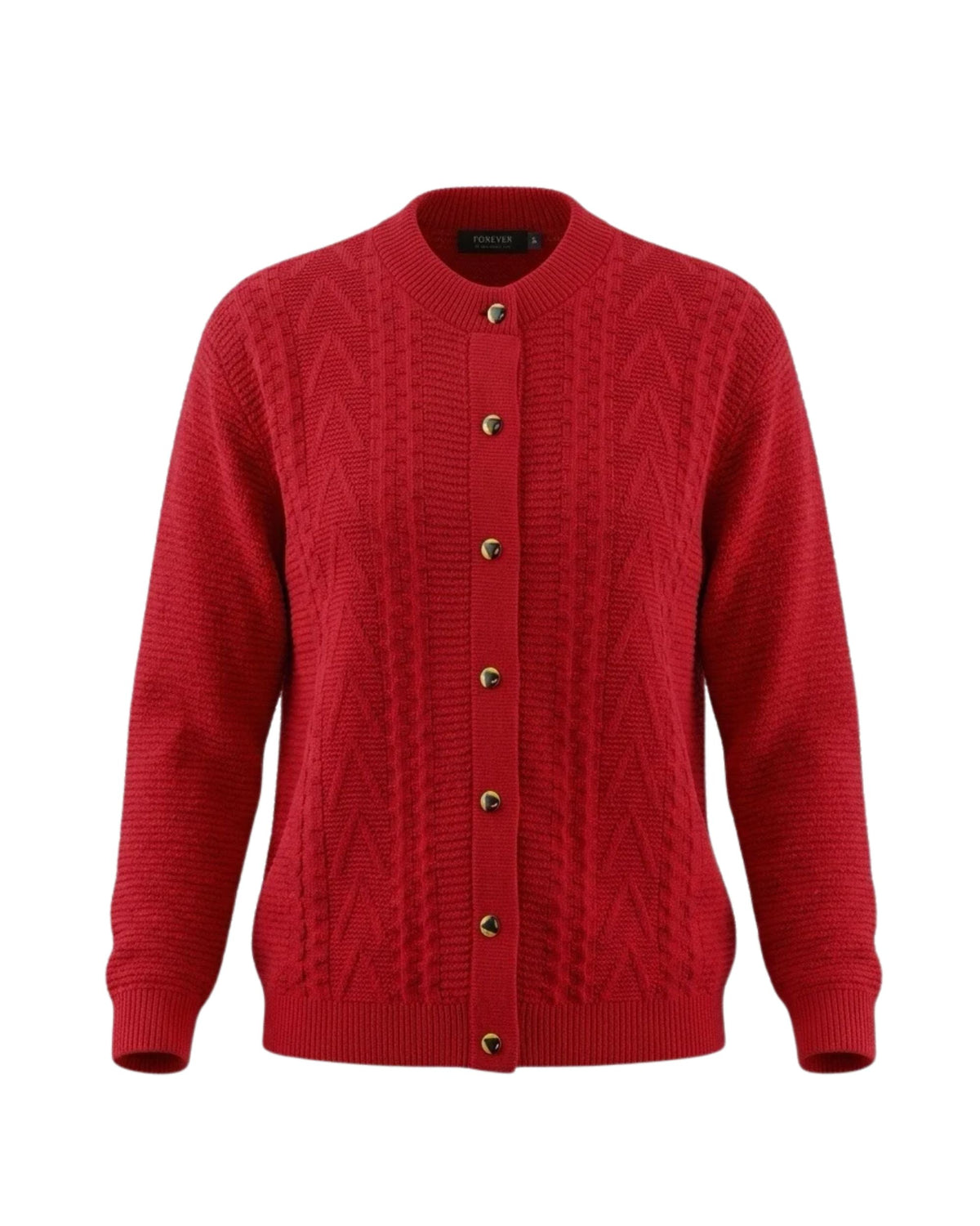 Forever damesvest met kabelpatroon, goudkleurige knopen en ronde hals met opstaand boordje.