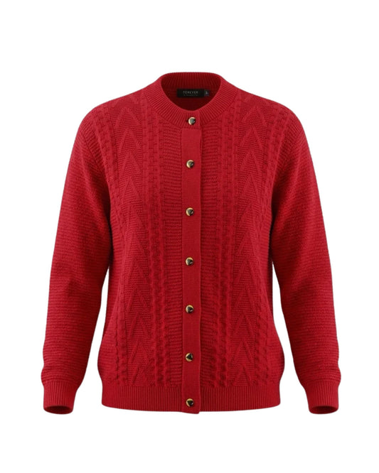 Forever damesvest met kabelpatroon, goudkleurige knopen en ronde hals met opstaand boordje.