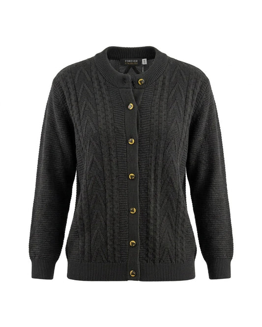 Forever damesvest met kabelpatroon, goudkleurige knopen en ronde hals met opstaand boordje.