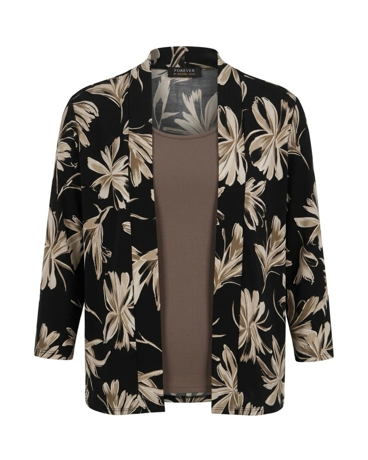Forever 2-in-1 twinset in travelkwaliteit met bewerkt vestjasje, effen inzet en sjaalkraag, verkrijgbaar bij Marijke Mode.