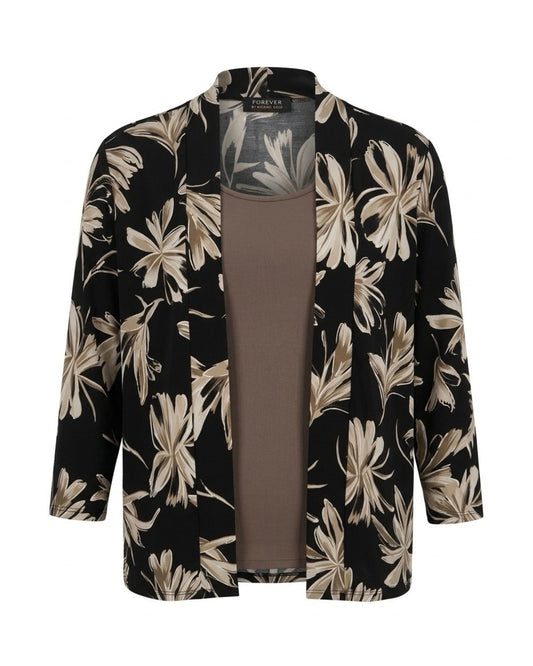 Forever 2-in-1 twinset in travelkwaliteit met bewerkt vestjasje, effen inzet en sjaalkraag, verkrijgbaar bij Marijke Mode.
