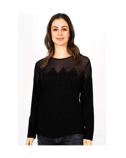 Zwart feestelijk shirt van Gabriella K. met transparant gaas, zigzagbies en strass, verkrijgbaar bij Marijke Mode