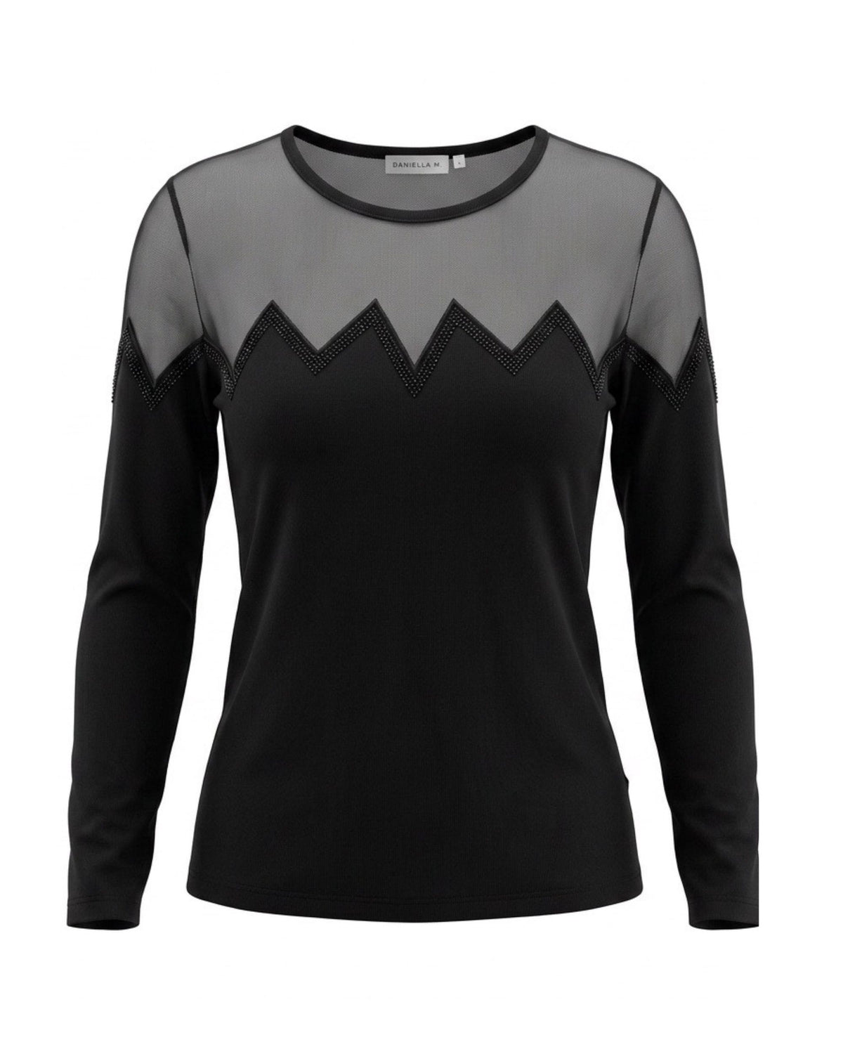 Zwart feestelijk shirt van Gabriella K. met transparant gaas, zigzagbies en strass, verkrijgbaar bij Marijke Mode