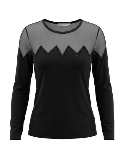 Zwart feestelijk shirt van Gabriella K. met transparant gaas, zigzagbies en strass, verkrijgbaar bij Marijke Mode