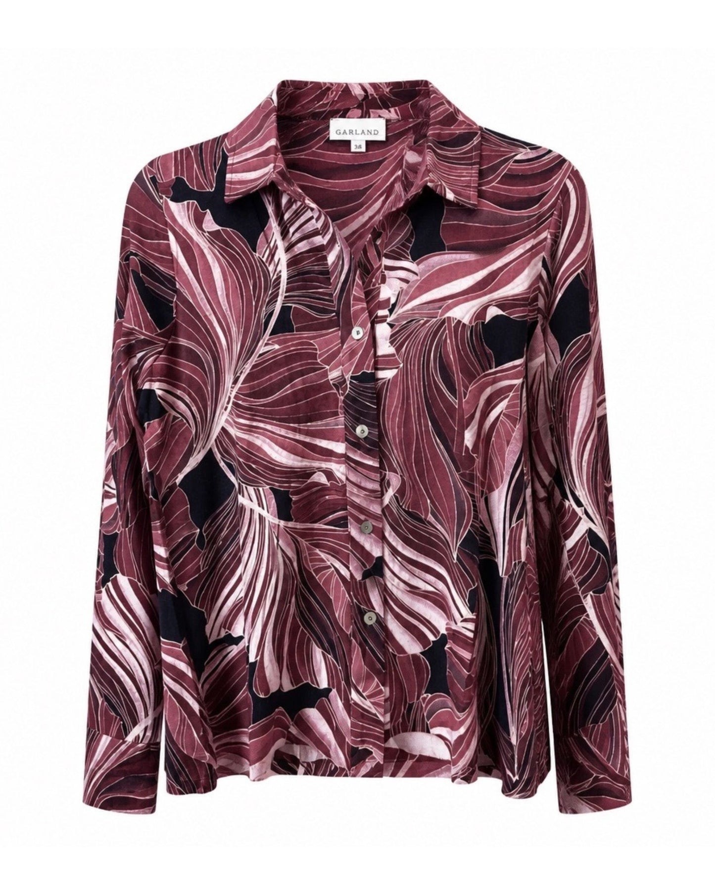 Bordeaux: Gabriella K. jersey blouse met bladprint in bordeaux, verkrijgbaar bij Marijke Mode