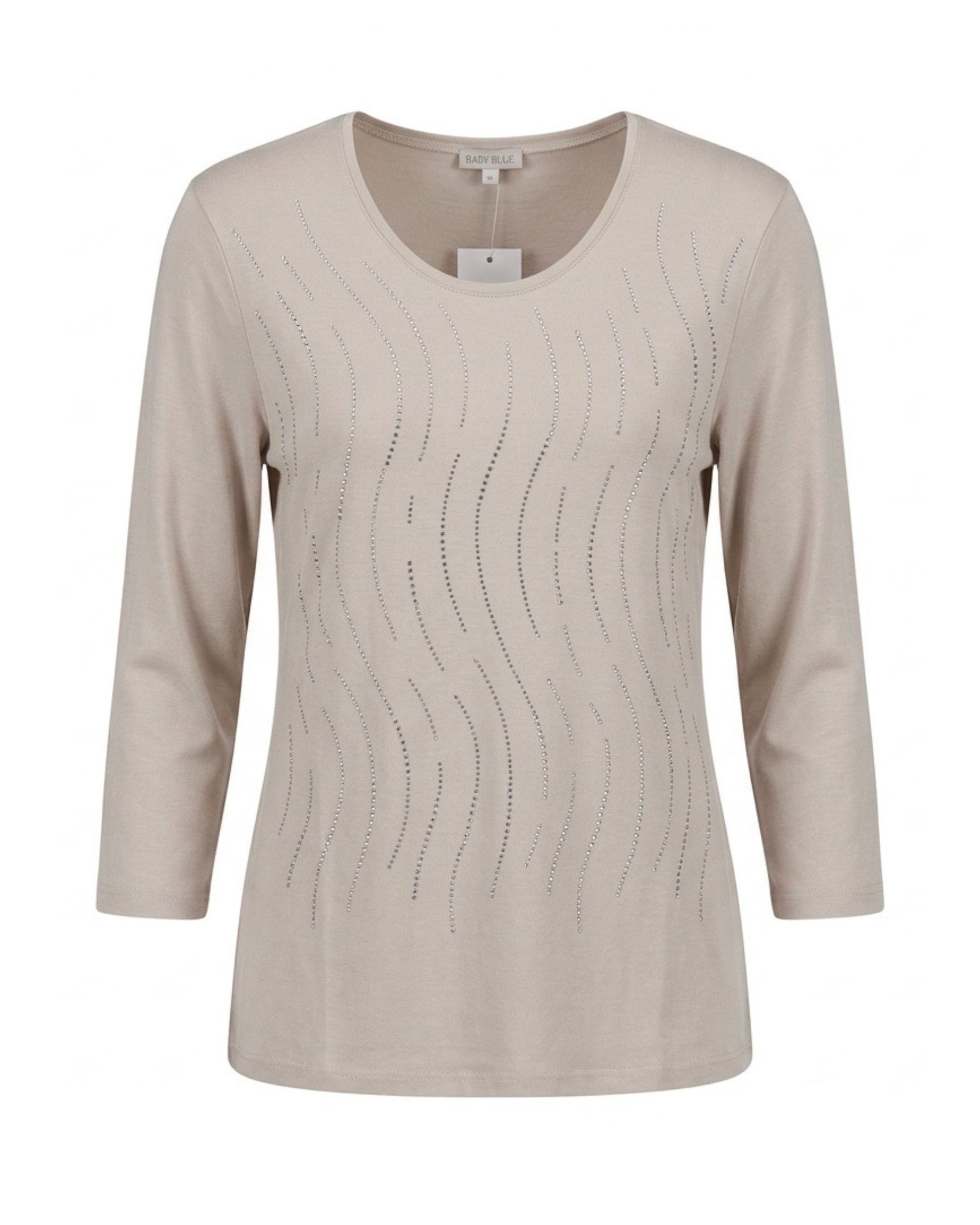 Stijlvol Gabriella K. shirt met ronde hals, driekwartmouwen en luxe strassteentjes. Comfortabele viscose stretchkwaliteit. Verkrijgbaar in zwart en beige bij Marijke Mode.