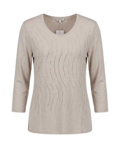 Stijlvol Gabriella K. shirt met ronde hals, driekwartmouwen en luxe strassteentjes. Comfortabele viscose stretchkwaliteit. Verkrijgbaar in zwart en beige bij Marijke Mode.