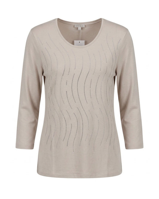 Stijlvol Gabriella K. shirt met ronde hals, driekwartmouwen en luxe strassteentjes. Comfortabele viscose stretchkwaliteit. Verkrijgbaar in zwart en beige bij Marijke Mode.